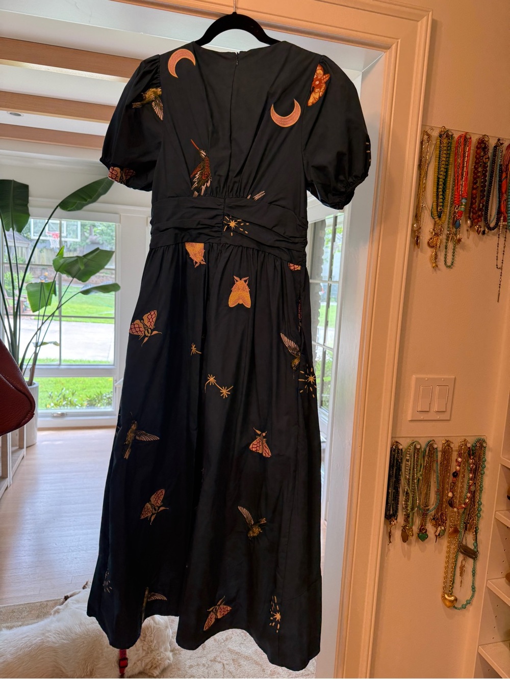 Blue Midi Dress with Gold & Pink Moth Motif